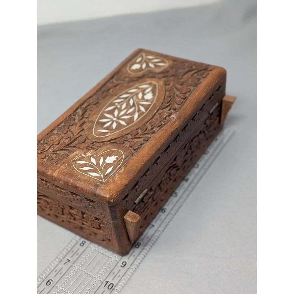Inlaid Wooden Trinket Jewelry Box Red Velvet India Vintage
